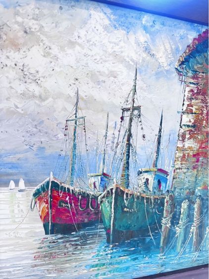 ภาพวาดสีน้ำมันบนผ้าใบแนวทิวทัศน์ท่าเรือ รูปที่ 3