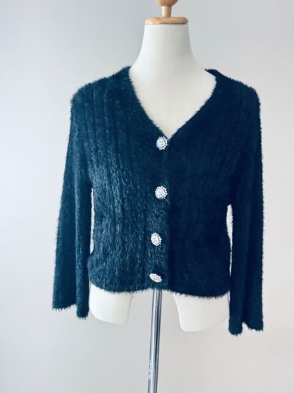 Crop Fluffy Brazer in Black middle button diamond and crystal setting-Custom Order