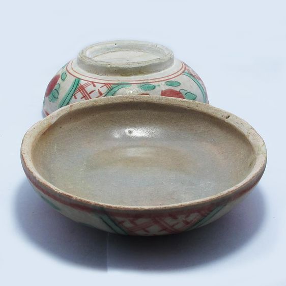 ตลับแป้งจีนกระบื้องโบราณ เขียนสีใต้เคลือบ ลายส้มคู่มงคล รูปที่ 3