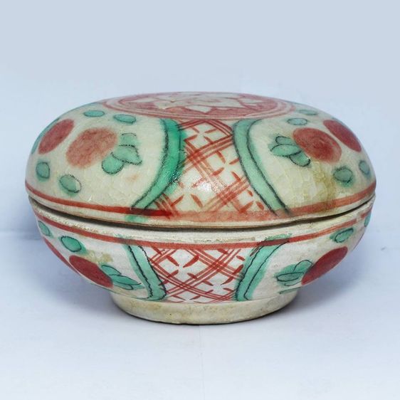 เซรามิคเก่า ตลับแป้งจีนกระบื้องโบราณ เขียนสีใต้เคลือบ ลายส้มคู่มงคล