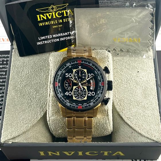 ทอง Invicta Aviator Stainless Steel Gold Tone  17206 Chronograph Black Dial Quartz Swiss Movement Full Set (Nos)