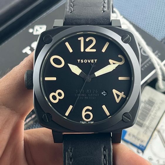 ดำ Tsovet SVT-AT76 Timing Gauge Pilot  Model Avionic instrumentation Black PVD (Nos) Black Dial Square Quartz Swiss Made 100 Meter