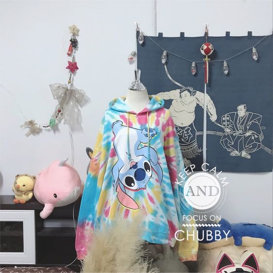 เสื้อแขนยาวแต่งฮู้ดดี้ลายมัดย้อมสติทซ์โอเวอร์ไซส์แนวสตรีท Disney Lilo Stitch Hoodie Sweatshirt Pullover Plus 1X Tie Dye UpSide Down Oversize