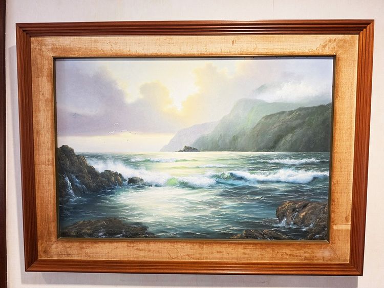 ภาพวาดสีน้ำมันวินเทจอาร์ท อายุ 40 ปี งานแอนทีค ระดับสะสม รูปทะเลและแม่น้ำแคว สวยงามมาก กรอบไม้สักทองแท้