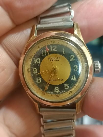 Vintage Millitary Phillip Extra Manual winding Watch Cap gold Swiss boy size 1950's ระบบไขลาน หน้าเฟดเก่าเดิม ขอบทองเปะ พร้อมสายเลสบันไดลิง