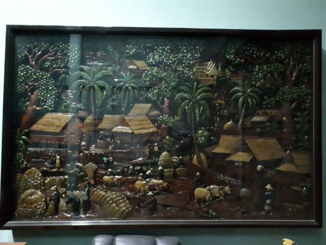 เฟอร์นิเจอร์เก่า แผ่นไม้สักแกะสลัก ประดับฝาผนัง (วิถีชีวิตคนไทย)