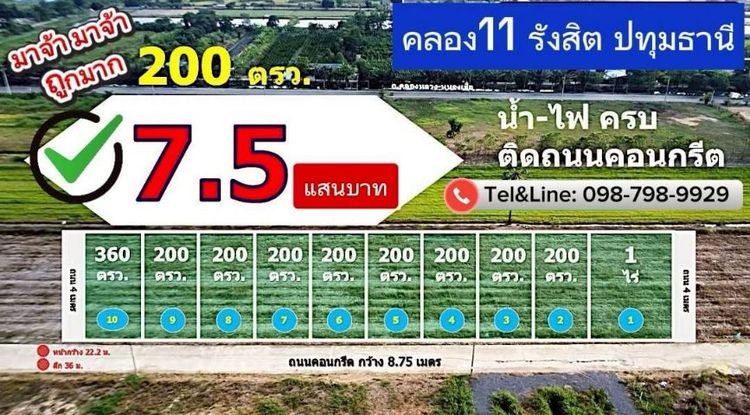 ไม่ใช่ ที่ดินคลอง11 รังสิต ปทุมธานี 200 ตรว. (เดินทางจาก กรุงเทพ เพียง 1 ชม หน้าแปลงติดถนนคอนกรีต