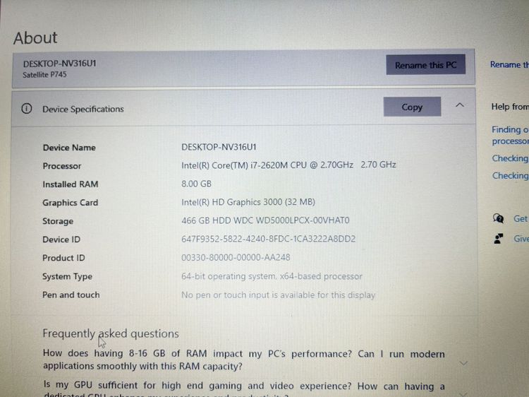 toshiba satellite P745 i7 Gen 2 Ram 8 GB ใช้งานได้ดี ราคาถูกใจ รูปที่ 2