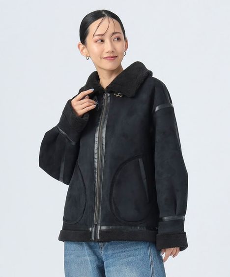 เสื้อแจ็คเก็ต | เสื้อคลุม ดำ แขนยาว Shearling Bomber flights Jacket reversible 2 side by BEAMS HEART japan free size