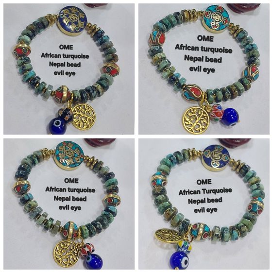 ข้อมือหินมงคลคละแบบ ome African Turquoise nepal bead evil eye ยาว 19 cm.