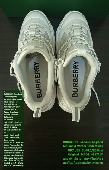 BURBERRY Sneakers, Women's 7UK 40.5EU(26.0cm) Original ของแท้ มือ 2 สภาพใกล้เคียงของใหม่, รองเท้า BURBERRY ผ้าใยสังเคราะห์ พื้นเต็ม งดงามมาก รูปที่ 15