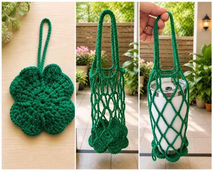 ถุงตาข่ายใส่แก้ว ใบโคลเวอร์ 4 แฉก 4 leaf clover cup holder สามารถนำมาห้อยกระเป๋าได้ถุงตาข่ายสามารถเก็บในถุงได้