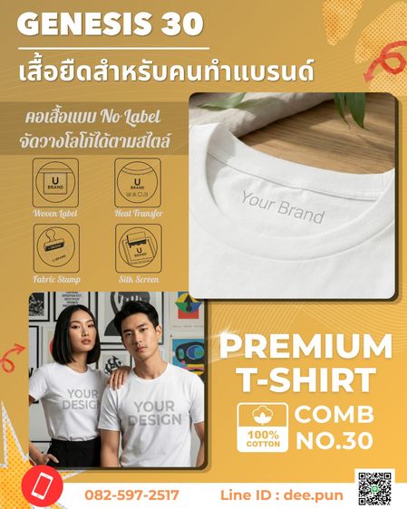 เสื้อยืดคอกลมสีขาวเนื้อผ้า Cotton 100 Comb No.30  เกรดพรีเมี่ยมราคาส่ง