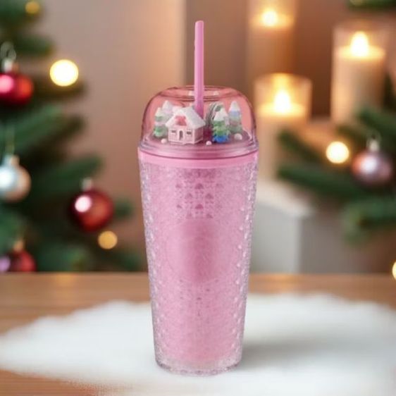 แก้วกาแฟ สำหรับคอกาแฟ แก้วทัมเบลอร์สตาร์บัคส์ ขนาด 16 ออนซ์ ลายChristmas สีชมพู