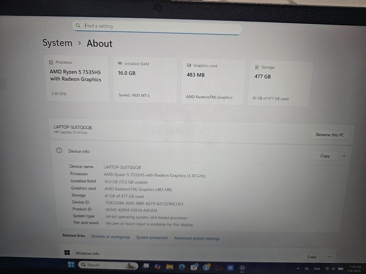 HP 15 Ryzen5 7535Hs+Ram16ddr5 +15.6" FHD IPS เครื่องสวย 4 เดือน รูปที่ 7