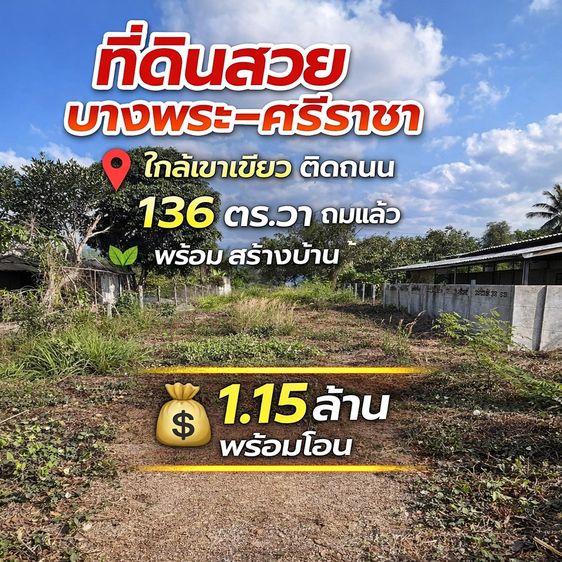 ที่ดินบางพระ ใกล้เขาเขียว136ตรว. 1.15ลบ.