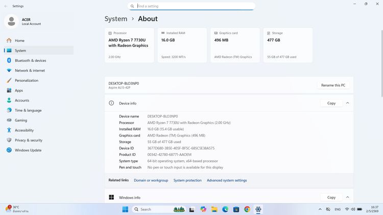 ขาย โน็ตบุ๊ค ACER ASPIRE LITE 15 Ryen7 Ram 16 GB  M.2 512GB จอ15.6 FHD วินโดว์+officeแท้ ราคา13,900บาท ซื้อมาใช้ 2เดือน รูปที่ 16