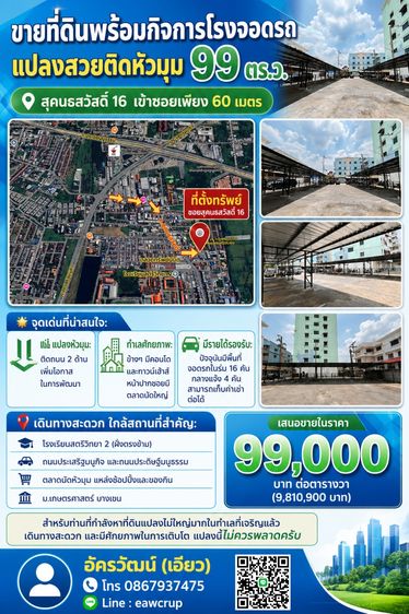 ขายที่ดิน พร้อมกิจการโรงจอดรถ  แปลงสวยติดหัวมุม 99.1 ตร.ว. ซอยตรงข้ามสตรีวิทยา 2 (สุคนธสวัสดิ์ 16)