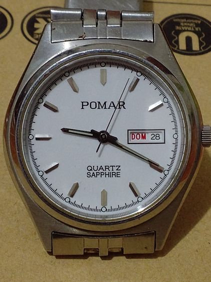 สแตนเลส เงิน ขายนาฬิกาของสะสม POMAR รุ่น 73444 Sapphire หน้าขาว งานช่าง ไม่เดิน