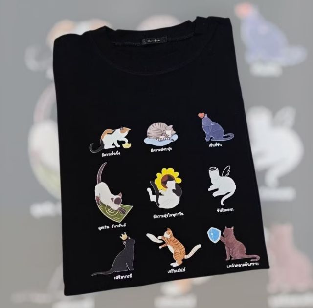 แขนสั้น M เสื้อทีเชิ้ต อื่นๆ เสื้อยืด "แมวเตลู"สีดำ คอลเลคชั่น แมวมงคล ออกแบบลายพิเศษ ผ้านิ่ม ใส่สบาย