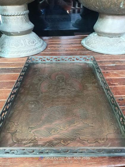 ถาดแกะลายพระแม่กวนอิมเนื้อทองเหลืองเก่า รูปที่ 4