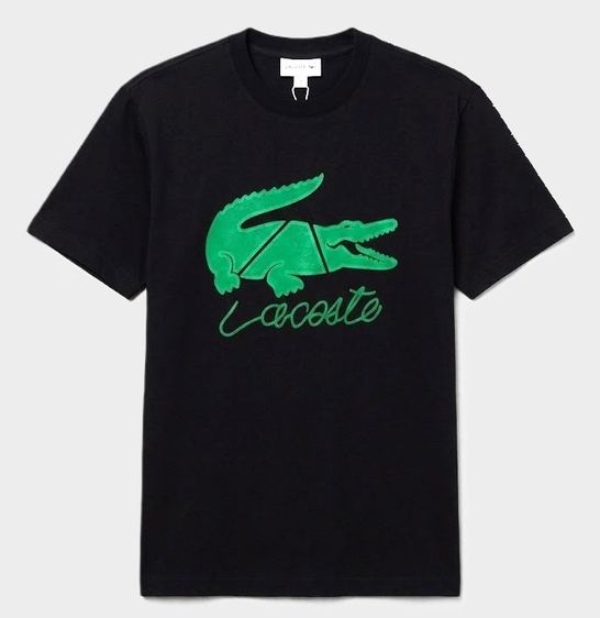 LACOSTE Signature Print Slim Fit T-shirt in Black Script Logo