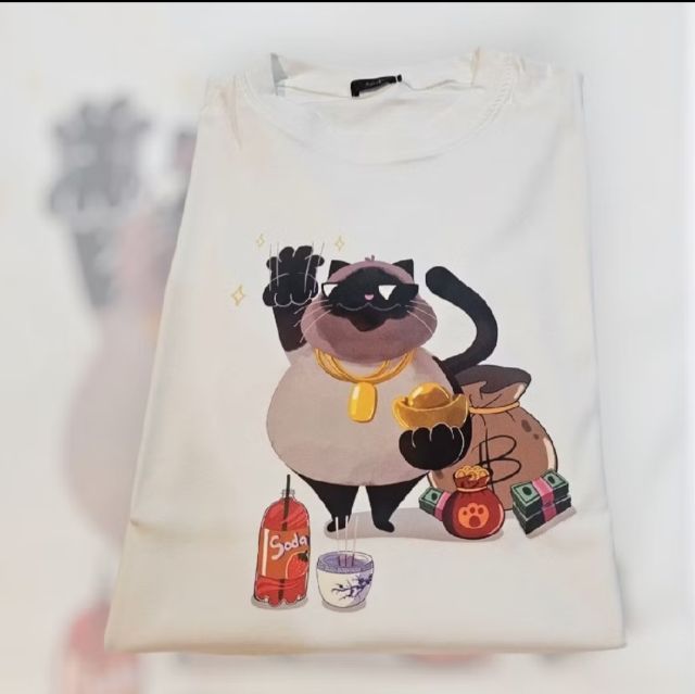 แขนสั้น เสื้อทีเชิ้ต อื่นๆ เสื้อยืด "แมวเตลู"สีขาว xl.คอลเลคชั่น แมวมงคล ออกแบบพิเศษ ผ้านิ่ม ใส่สบาย