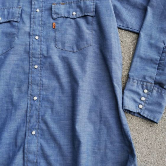 Vtg 70s Levi's Chambray Orange Tab Stone Snap Western Shirt Sky Blue Men Size L รูปที่ 2