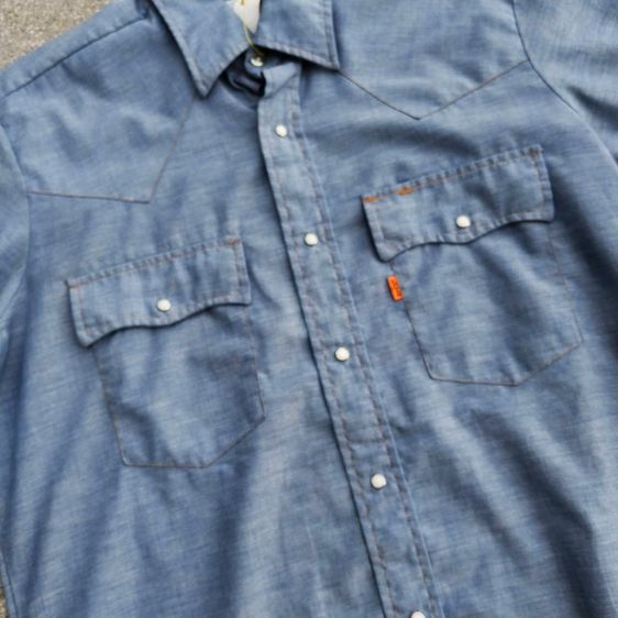 Vtg 70s Levi's Chambray Orange Tab Stone Snap Western Shirt Sky Blue Men Size L รูปที่ 4