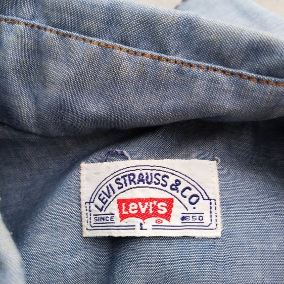 Vtg 70s Levi's Chambray Orange Tab Stone Snap Western Shirt Sky Blue Men Size L รูปที่ 6