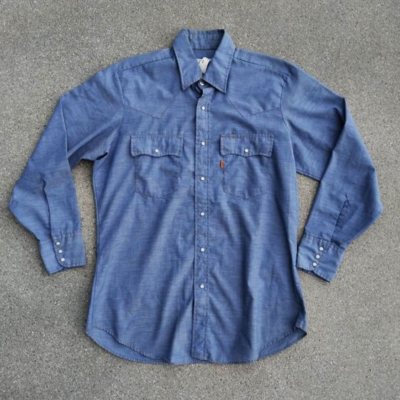 Vtg 70s Levi's Chambray Orange Tab Stone Snap Western Shirt Sky Blue Men Size L รูปที่ 3