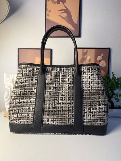 หญิง หนังแท้ กระเป๋า Lapalette ทรง Tote ลายผ้าทวีตหรู ดีเทลหนังสีดำ