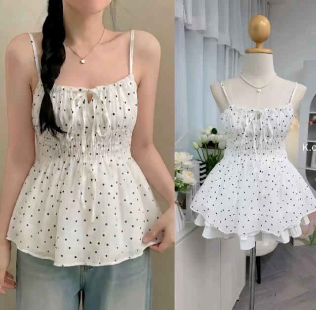 ไม่มีแขน ขาว เสื้อสายเดี่ยวสม็อคลายจุดดำ ฟรีไซส์ 