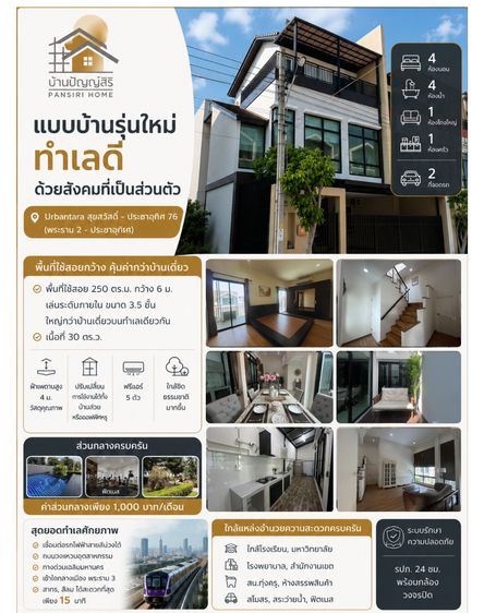 ขายทาวน์โฮม 3 ชั้น  Urbantara สุขสวัสดิ์-ประชาอุทิศ 76