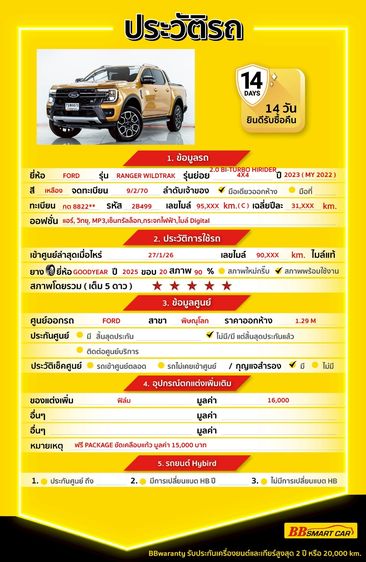 Ford Ranger 2023 2.0 Bi-Turbo Hi-Rider Wildtrak Pickup ดีเซล ไม่ติดแก๊ส เกียร์อัตโนมัติ เหลือง รูปที่ 2