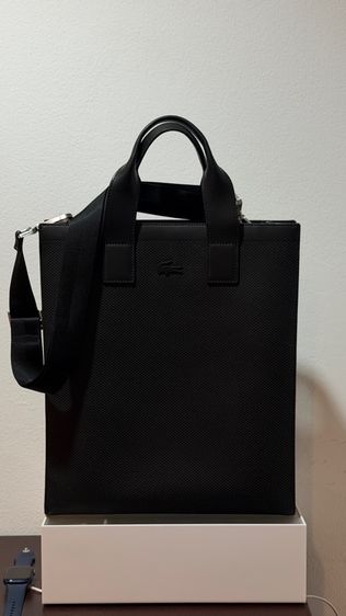 ชาย ดำ หนังแท้ กระเป๋า Lacoste Men's Chantaco Computer Pocket Tote