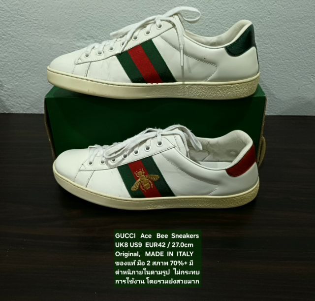 GUCCI Ace Bee Sneakers, Unisex 8UK 42EU(27.0cm) ของแท้ มือ 2 สภาพภายนอกสวยมาก, รองเท้า Gucci หนังแท้ พื้นยังดีมาก มีตำหนิสีเฟดด้านใน(ตามรูป) รูปที่ 14
