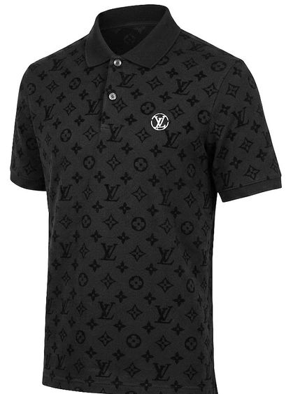 LOUIS VUITTON Black Monogram All-Over Piqué Pattern Polo Shirt  รูปที่ 4