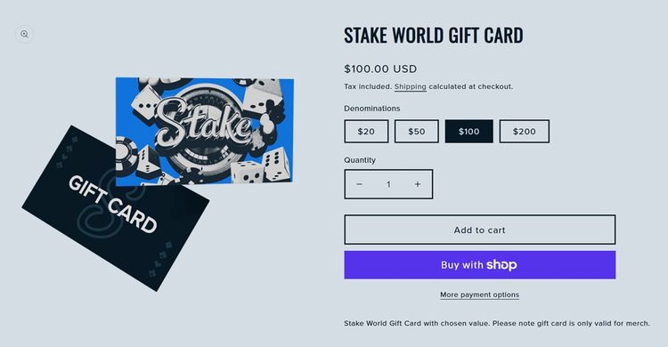 Stake.world E Gift Card บัตรของขวัญอิเล็กทรอนิกส์สำหรับ stake.world มูลค่า 100 ดอลลาร์สหรัฐ หรือประมาณ 3270 บาท