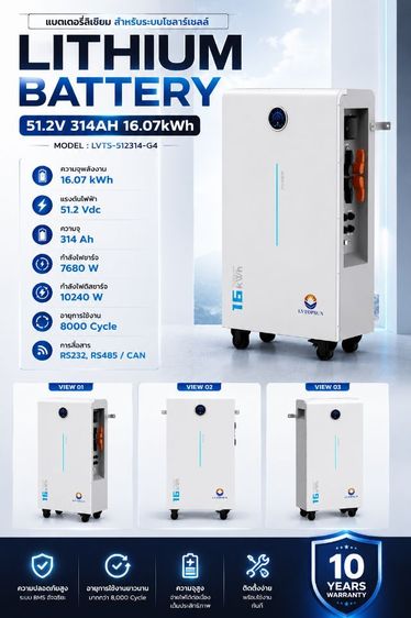 (ถูกกว่าแอปส้ม) แบตเตอรี่ลิเธียม LiFePO4 51.2V 314Ah 16kWh รุ่น LVTS-512314-G4 ของแท้แน่นอน