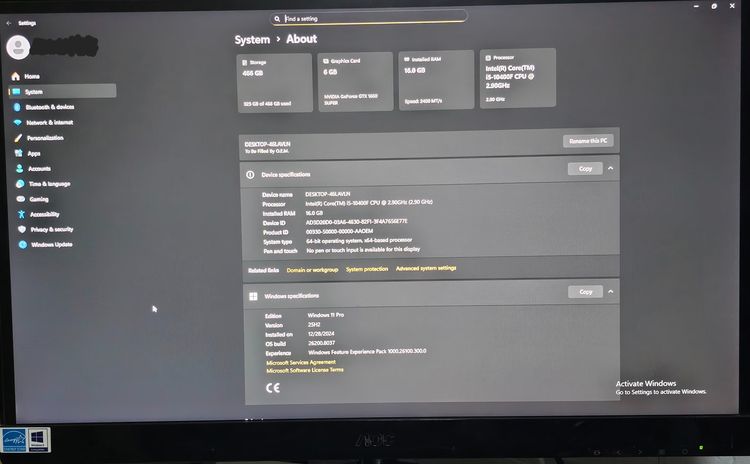 Computer มือสอง CPU Intel Core i5 102400F CPU 2.90GHz Mem 16 GB Graphics Card NVIDIA GeForce GTX 1660 Mem 6 GB SSD 500 GB