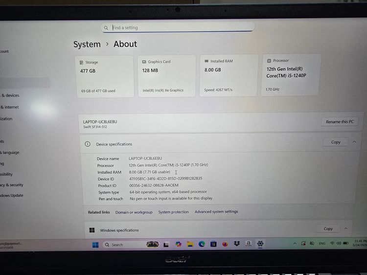 Acer Swift i5-1240P+ IRIS XE GRAPHICS+14" 2.5K 2560x1440 IPS เครื่องสวยพร้อมใช้งาน รูปที่ 7