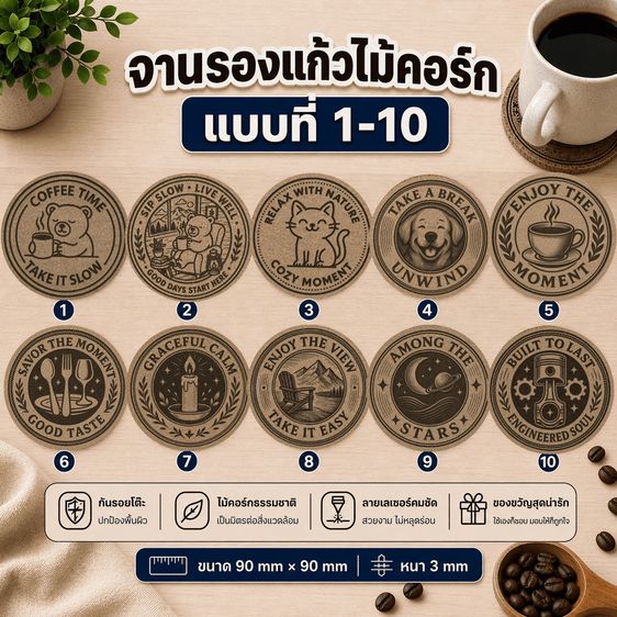 จานรองแก้วไม้คอร์ก(แบบที่1-10)❤️Amax Art