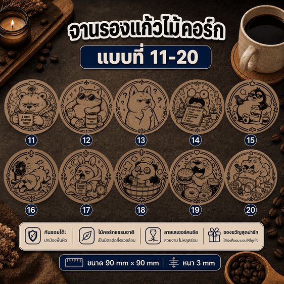 จานรองแก้วไม้คอร์ก(แบบที่11-20)❤️Amax Art