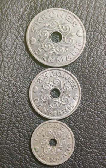 เหรียญ​เก่าน่าสะสมประเทศ​เดนมาร์ก​3เหรียญ, 5โครนปี1994,2โครนปี2006,1โครนปี1992