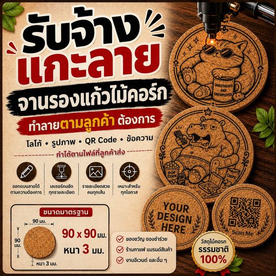  รับจ้างแกะลาย ยิงเลเซอร์ลง จานรองแก้ว วัสดุไม้คอร์ก