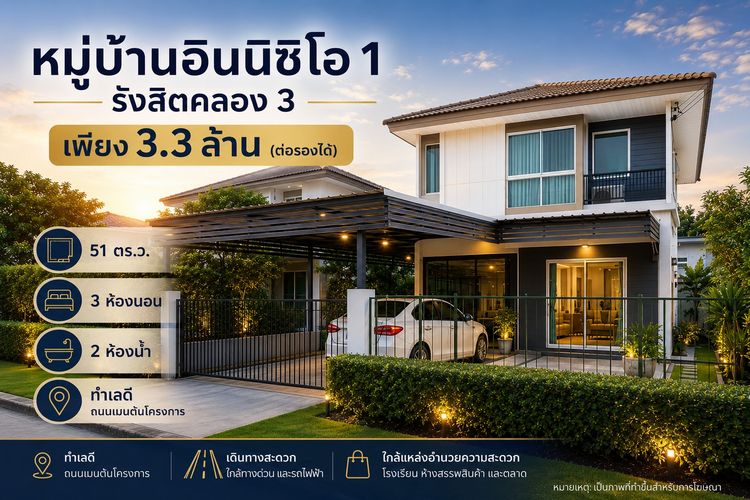 ขายด่วน บ้านเดี่ยว Inizio 1 รังสิตคลอง 3 บ้านสวย ทำเลดี ถนนเมนต้นโครงการ บรรยากาศน่าอยู่ เพื่อนบ้านดี พร้อมเข้าอยู่ได้เลย