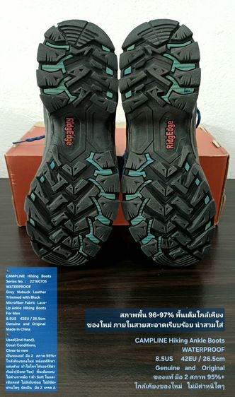 CAMPLINE Hiking Ankle Boots, Men's 8.5US 42EU(26.5cm) Original ของแท้ มือ 2 สภาพใกล้เคียงของใหม่, รองเท้า CAMPLINE หนังแท้ พื้นเต็ม สวยมาก รูปที่ 9
