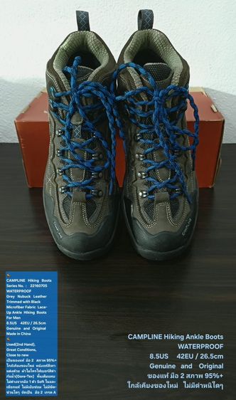 CAMPLINE Hiking Ankle Boots, Men's 8.5US 42EU(26.5cm) Original ของแท้ มือ 2 สภาพใกล้เคียงของใหม่, รองเท้า CAMPLINE หนังแท้ พื้นเต็ม สวยมาก รูปที่ 6