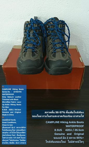 CAMPLINE Hiking Ankle Boots, Men's 8.5US 42EU(26.5cm) Original ของแท้ มือ 2 สภาพใกล้เคียงของใหม่, รองเท้า CAMPLINE หนังแท้ พื้นเต็ม สวยมาก รูปที่ 3
